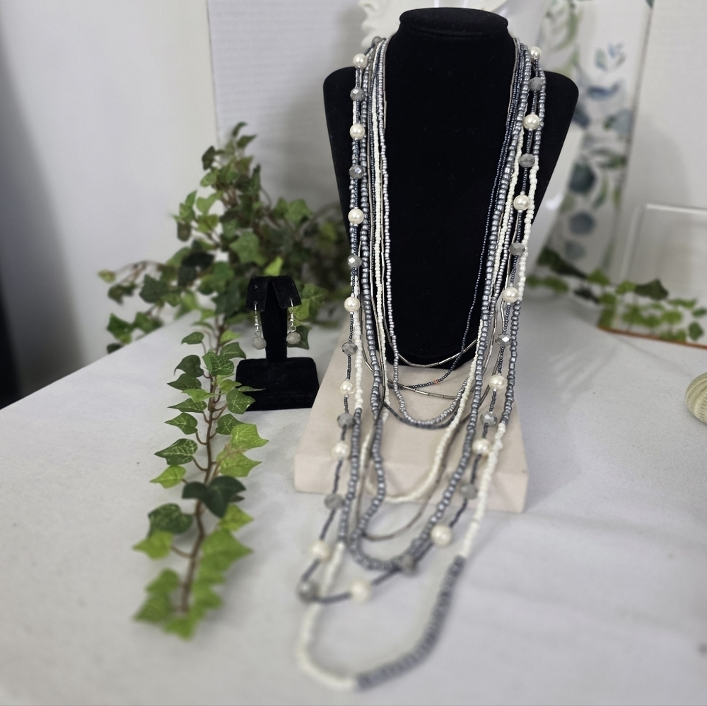 Silver Statement Long Multi Strand Necklace and Earrings Set